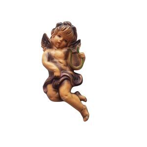 Vintage Cherub Wall Hanging 3 Dimensional Ceramic Angel Harp Religious Décor